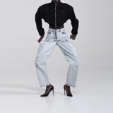 Fongt Casual Mid-Waist Zip, Faded Women's Light Color Casual Jeans-Outfit