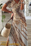 Short Sleeve Holiday Dress For Women Vintage Print V Neck Maxi Party Dress Elegant Ladies Loose Long Retro Dress