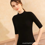 Fongt 2024 New Half High Turtleneck Slim Sweater Knit Short Sleeve Half Sleeve Five Minutes Middle Sleeve Tight Middle Sleeve Bottom Shirt-Outfit