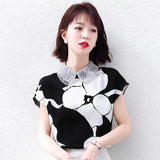 Women's Blouse Chiffon Top Casual Fashion Tops Short Sleeve Doll Collar Shirt Summer Printing New Shirts