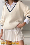 Autumn Winter Knit Korean Loose Pullover Sweatshirts Chic Tops White Long Sleeve V-neck Knitted Sweater Women's