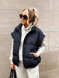 Fongt New Women's Solid Color Zipper Pocket Cotton Vest Fashion Collar Temperament Commuting Jacket