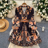Fongt Spring Dress New Dress Women 2025 Fashion Suit Collar Long Sleeves To Roll Print A-Word Skirt