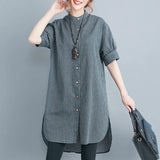 Fongt Summer New Cotton Lint Style Loose Large-Size Striped Shirt Women Long-Term Collar