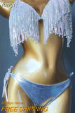 Rhinestone Crystal Tassel Bikini Set Women Sexy Backless Bandage Halter Bra And Thong Swimsuit Beachwear Bathing