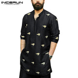 Long Sleeve Men Shirts Printed Retro Button 2021 Stand Collar Long Shirts Men Indian Tops Streetwear Casual