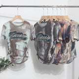 Real Shooting Embroidery With Straight Shoulder Short-Sleeved Mesh T-Shirt Fold Irregular Perspective Hood Top