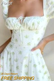 Women Slit Dress, Floral Printed Pattern Square Collar Short Sleeve Backless Long Dresses
