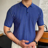 Fongt Men's Summer New Striped Knit Dresses Short Sleeves Clip Business Polo