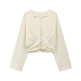 Fongt Decorative Short Top 2025 Spring Women's Long-Sleeved V-Neck Buckle Short Shirt