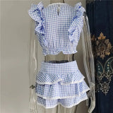 Plaid Ruffle Crop Top And Shorts Set-Outfit