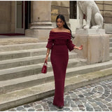 Burgundy Off Shoulder Fold Knit Midi Dress-Outfit