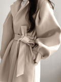 Puff Sleeve Belted Woolen Coat-Outfit