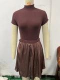 Fongt Parquet Small Turtleneck Dress Short Sleeve Pleated Knit Elegant Pure Color Slim Mini Dress Woman-Outfit