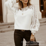 2023 New Women's Fashion Print Hollow Pattern Stitching Lantern Sleeve Sweater-Outfit