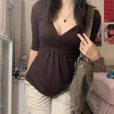 Vintage Brown V Neck Short Sleeve Tee-Outfit
