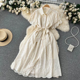 Gentle Wind Turn Collar Bubble Sleeve Medium-Long Shirt Skirt Lace Thin Hollow-Out Design French Dress-Outfit