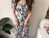 Elegant Women Print Puff Sleeve Dress Casual Party Slim A-Line Maxi Pleated