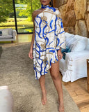 New Fashionable Sexy Lotus Leaf Edge Printed One-Sleeve Open-Shoulder Dress-Outfit