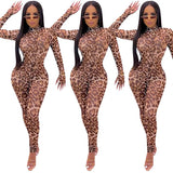 Leopard Jumpsuits for Women Night Party Mesh See Through Stretch Long Sleeve Romper Clubwear One Pieces Overalls Bodysuit-Outfit
