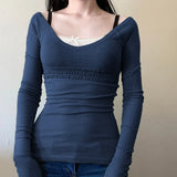 Patchwork Lace Trim Long Sleeve Top-Outfit