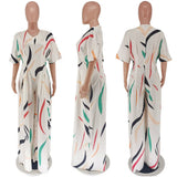 Temperament Women's Fashion Jumpsuit Printed Loose Shoulder Drape Wide Leg Trousers Printed Jumpsuit-Outfit