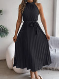 Shooting 2025 Spring And Summer Elegant Tie Without Sleeves To Close The Waist 100 Folding Long Dress Women's