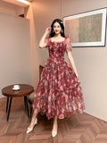 Fongt Gentle Wind And Rags Retro Tea Chiffon Dress Female Waist Temperament Shoulder Bubble Sleeve Mesh Dress