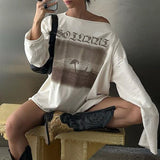 Breeze Loose Retro Print Shoulder-Exposed Long-Sleeved T-Shirt Summer Slant Collar Small Sexy Casual Blouse-Outfit