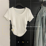New Summer Design Feel U-Collar Short-Sleeved T-Shirt Women Fold Slim Look Thin Inside A Solid Color Short-Style