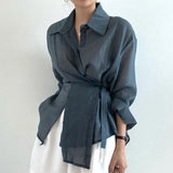 Fongt Chic Simple Temperament Lapel Single Breasted Irregular Tie With Waist Thin Long Sleeve Anti-Sai Shirt Jacket-Outfit