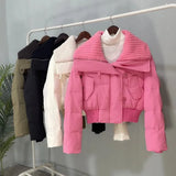 Thicken Parkas Slim Short Jackets Women Korean Warm Plush Lapel Coats Casual Down Cotton Oversized Pink Crop