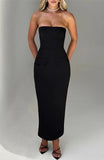 Solid Strapless Bodycon Midi Dress-Outfit
