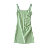 New Pleated Vest Dress Summer Women's Solid Color Square Collar Sleeveless Hip Skirt-Outfit