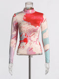 Holiday Style Leisure High-Collar Bottoming Shirt 2025 Summer New Printing Design Slim Slim T-Shirt Top