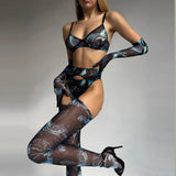 Mesh Printed Tie Dye Lingerie Set With Stocking Sleeve-Outfit