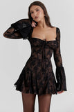 Long Sleeve Lace Square Neck Mini Dress-Outfit