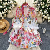 Fongt Famous Elegant Dress Woman 2025 Spring High-End Deep V Tie Ribbon Belt To Print Lotus Leaf Side Skirt