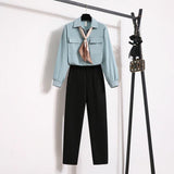 Women Autumn Long Sleeve Blouse And Black Long Pants Sets Office Ladies Elegant Bow Collar Two Pieces Set For Women
