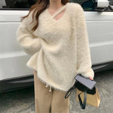 Fongt Fufu Soft Waxy Imitation Mink Wool Clothes Autumn Winter Gentle Lazy Wind V Collar Outside Wear A Loose Jacket-Outfit