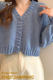 Knitted Short Jacket Women Sweaters Cardigan Solid V Neck Lantern Sleeve Button Fashion Soft Autum Cropped