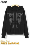 Rhinestone Skeleton Pattern Zip Up Drawstring Thermal Hoodie E-girl Streetwear Diamond Harajuku Jacket New Autumn