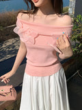 Fongt Xixi 2025 Summer New Korean Version Of The Flower Temperament Word-Collar Ice Silk Knitted Women's Top 25237