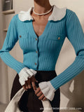 Fongt Temperament French Elegant Lotus Side Knitted Cardigan Woman 2024 New Top Hit Color Single Buckle Knitted