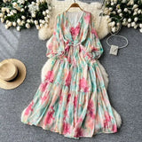 Fongt Temperament Elegant Dress Women's High-End Lantern Sleeves To Close The Waist Thin V-Neck Print Lotus Leaf Side Dress