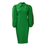 Fongt Women's Spring And Autumn Long-Sleeved Large-Size Bag Hip Nail-Bead Mesh Splicing Commuter Pencil Skirt Dress