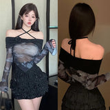 Women's Crop Top Korean Version Off Shoulder Tie-Dye Irregular Slim Sexy Fashion Mesh Sunscreen Long Sleeves Crop Top-Outfit
