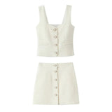 Tweed Pearl Button Sleeveless Tank Top And Mini Skirt Set-Outfit