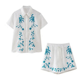 Fongt Spring / Summer Holiday Wind New Women's Cotton And Linen Embroidered Short Sleeve Shirt Drawn Rope Shorts Two Sets-Outfit