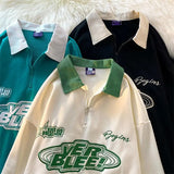 Retro Letter Embroidery Zip Up POLO Shirt Sweatshirt Women Men Turn-down Collar Oversized Hoodie Autumn Winter